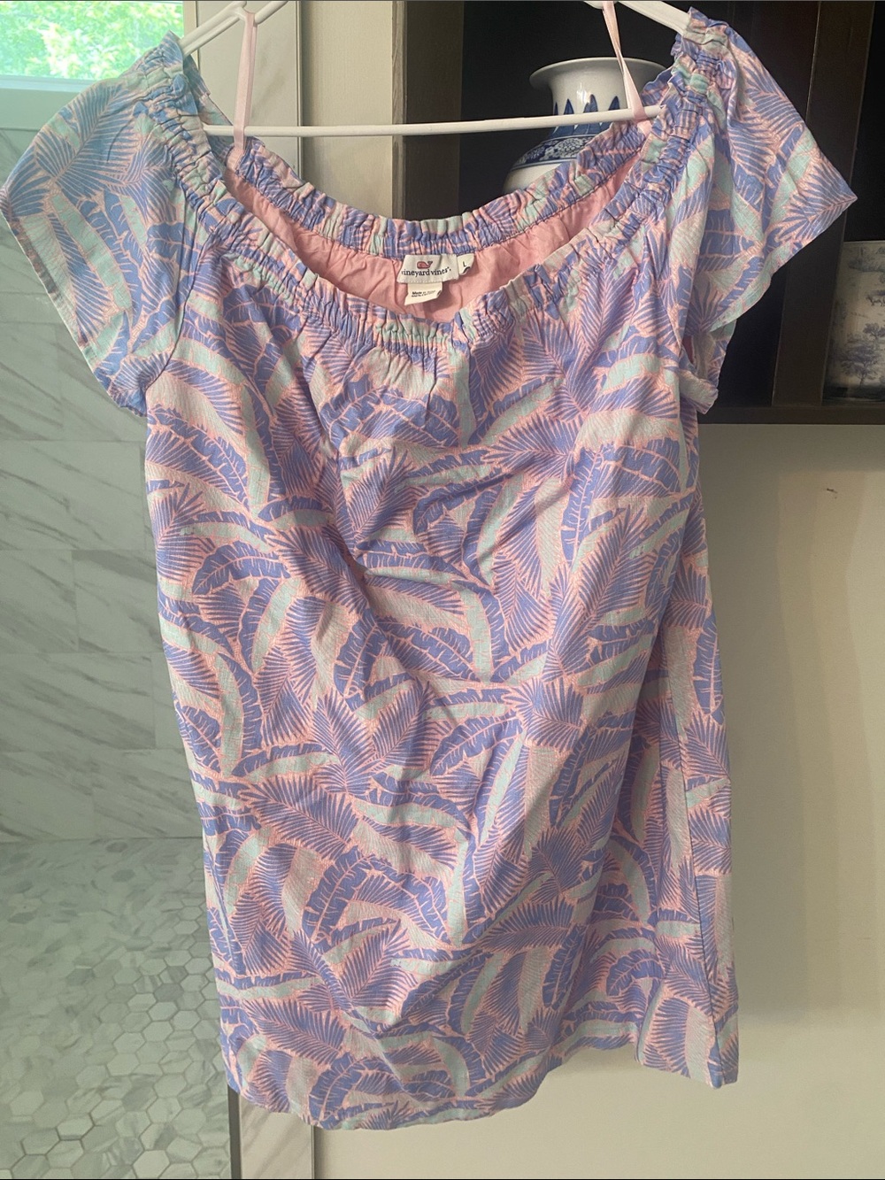 Vineyard Vines Pink & Lavender Tropical Leaf Off-Shoulder Dress